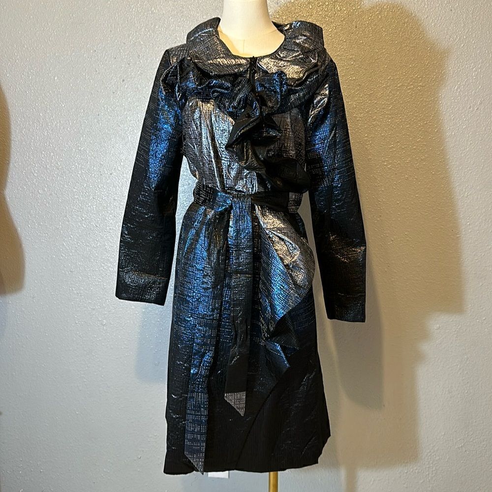 NEW Samuel Dong ruffle dress jacket trench coat midnight blue silver metallic